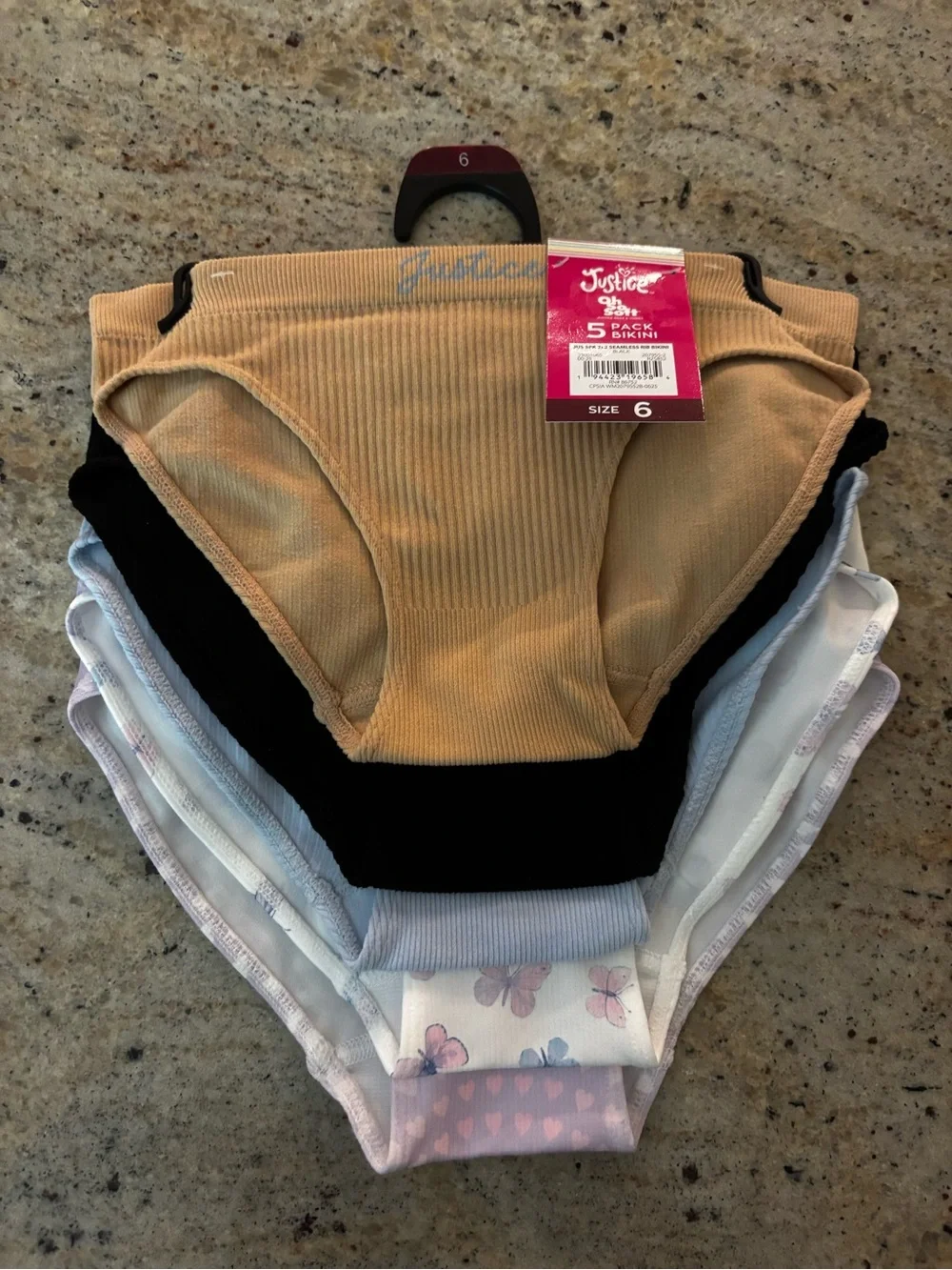Justice Girls' 5-Pack Bikini Briefs - Tan, Black, Pastel Prints - Size 6